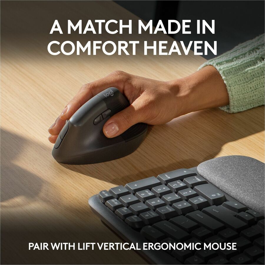 Logitech Wave Keys Wireless Ergonomic Keyboard with Cushioned Palm Rest, Comfortable Natural Typing, Graphite - 920-011898