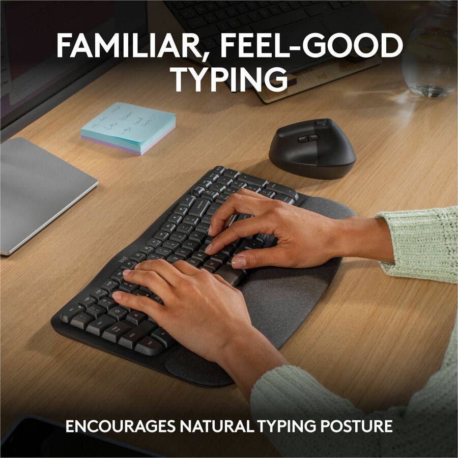 Logitech Wave Keys Wireless Ergonomic Keyboard with Cushioned Palm Rest, Comfortable Natural Typing, Graphite - 920-011898