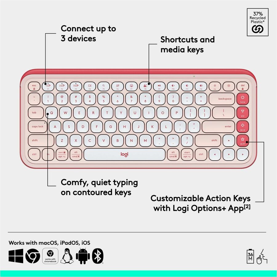 Logitech POP ICON KEYS Wireless Bluetooth Keyboard, Comfortable Typing, Programmable Keys, Easy-Switch Between up to 3 Devices (Rose & Off-white) - 920-013049