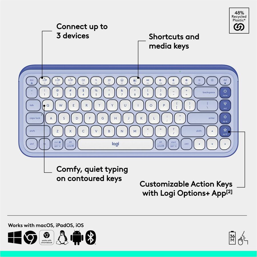 Logitech POP ICON KEYS Wireless Bluetooth Keyboard, Comfortable Typing, Programmable Keys, Easy-Switch Between up to 3 Devices (Lilac & Off-white) - 920-013050