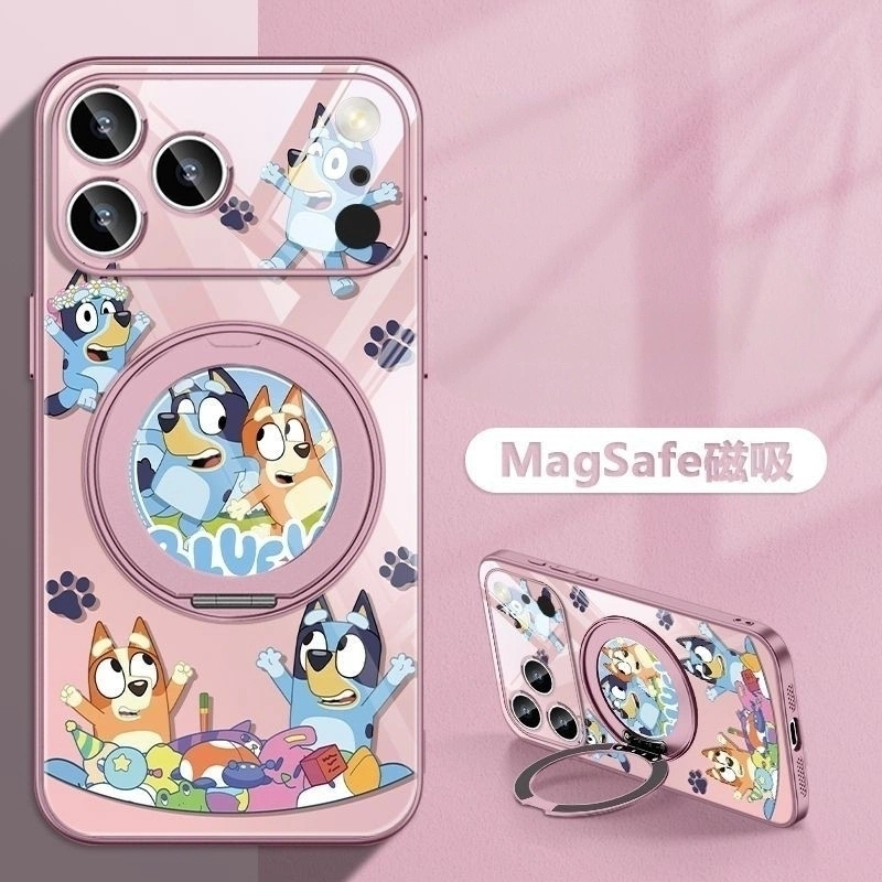 Bluey MagSafe Phone Case, 360° Rotatable Ring Holder Kickstand Case, Cute Cartoon Full Camera Protection Shockproof Cover for iPhone, Pink Electroplated Frame