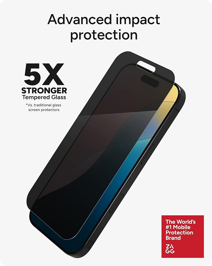ZAGG Glass Elite Privacy iPhone 15 Pro Screen Protector - 5X Stronger with Reinforced Edges, 2-Way Privacy Filter, Scratch & Smudge-Resistant Surface, InvisibleShield, Easy to Install