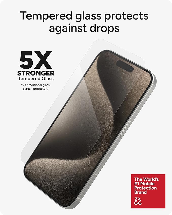 ZAGG Glass Elite iPhone 15 Pro Screen Protector - 5X Stronger with Reinforced Edges, Scratch & Smudge-Resistant Surface, InvisibleShield, Easy to Install